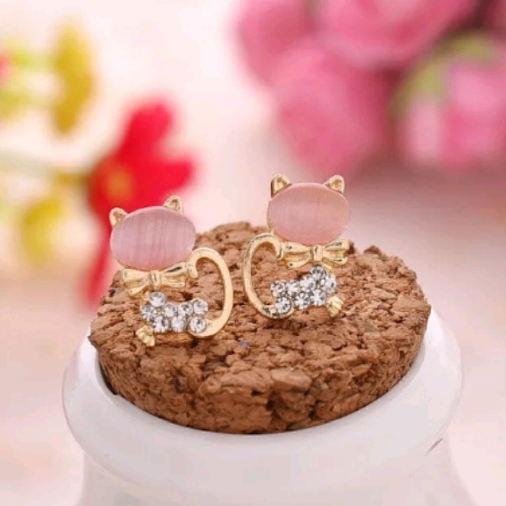 Pink Opal and Gold Rhinestone Cat Earrings